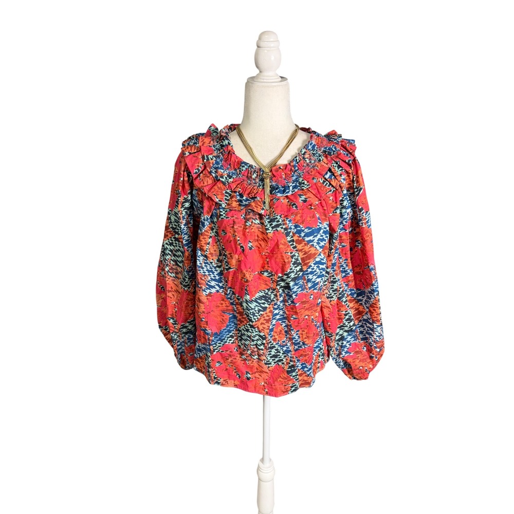Ulla Johnson Ruffle Floral Abstract Peasant Blouse Size 4 Boho Statement Top